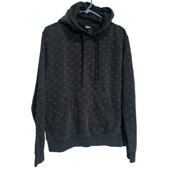 Nike All Over Swoosh Men's Sz Med Black Gold AOP Pullover Sweatshirt Hoodie - Picture 1 of 6